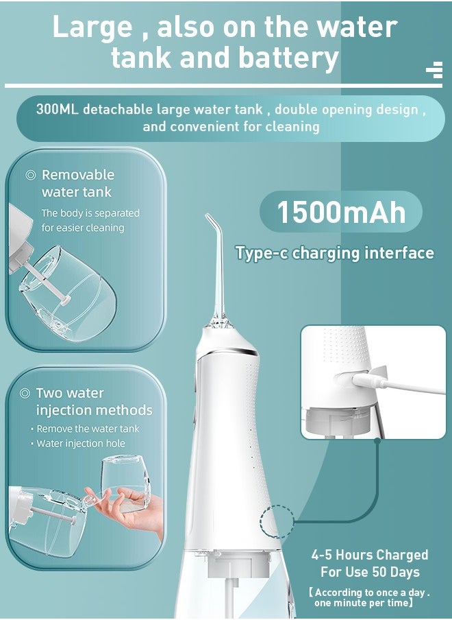Xoopla Cordless Water Flosser Teeth Cleaner, 300ML Cleanable Water Pick Teeth Water USB C 1500 mAh Rechargeable Oral Irrigator IPX6 Waterproof, 4-Mode Dental Water Flosser with 5 Jet Tips for Home,Travel-White  - Image 5