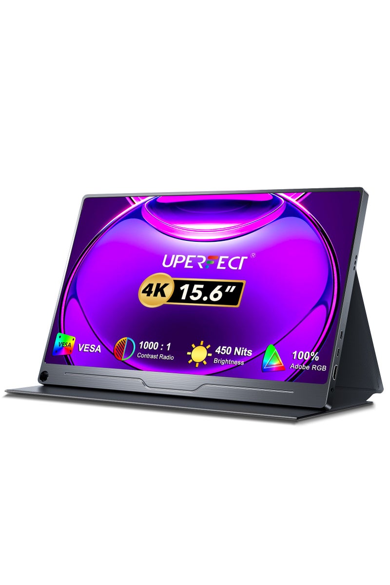 أوبيرفكت شاشة محمولة UPERFECT 4K مقاس 15.6 بوصة لأجهزة الكمبيوتر المحمولة، شاشة UHD بدقة 3840 × 2160، منفذ USB C وميني HDMI لأجهزة الكمبيوتر المحمولة والهواتف الذكية وأجهزة XBO Switch وPS4/5، هيكل معدني، شاشة ثانية قابلة للتثبيت على حامل VESA - Image 1