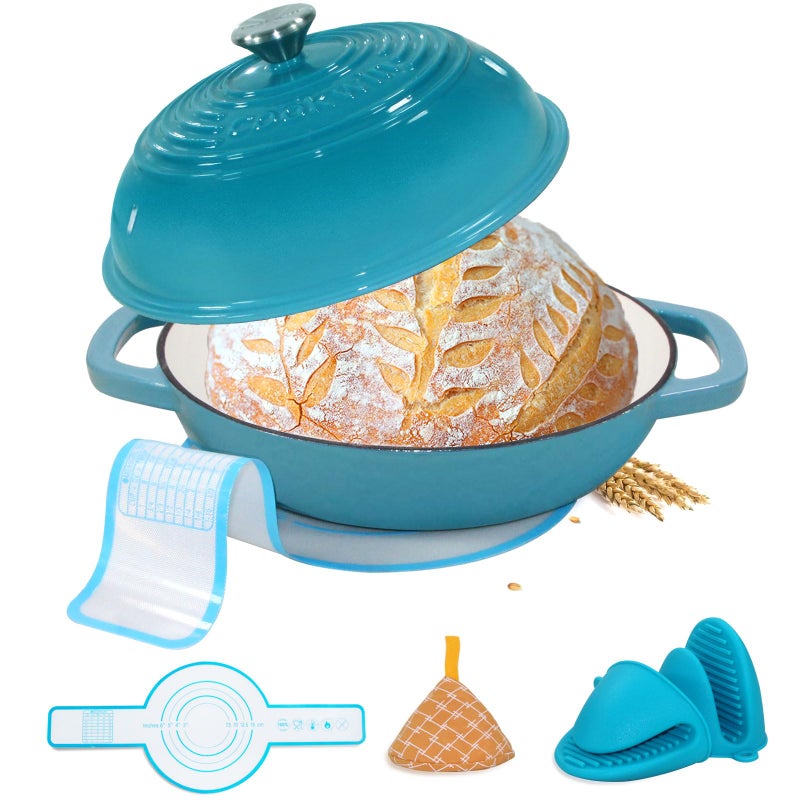 Enameled Cast Iron Dutch Oven with Lid11 Bread Pan Baking Kit6 Quart Enamel Bread PanDutch Oven for Sourdough Bakingwith Silicone MatTeal Thick Enamel Oven PanGifts for Family
