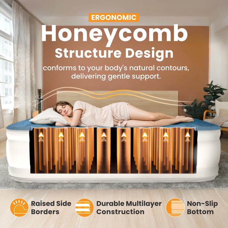 Dr. air Queen Air Mattress with Built-in Pump, 18" Raised Blow Up Mattress, 800 lbs Max Honeycomb Air Bed, 48Hr Leak-Proof Test, 3min Inflatable Mattress for Home, Guests, Camping, Colchones inflables - Image 3
