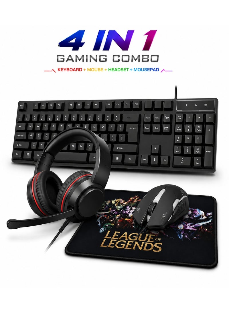 4pcs Wired Gaming Keyboard and Mouse Set Vibrant LED-Backlit Keyboard/Headset/Mouse/ Mouse Pad Gaming Peripherals Bundle Suitable for Gaming, Esports, Home and Office Use