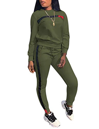Kansoon Women Stripe Patchwork Two Piece Tracksuit Round Neck Pullover and Skinny Long Pants Green XXXL - Image 1