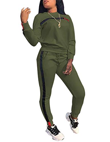 Kansoon Women Stripe Patchwork Two Piece Tracksuit Round Neck Pullover and Skinny Long Pants Green XXXL - Image 2