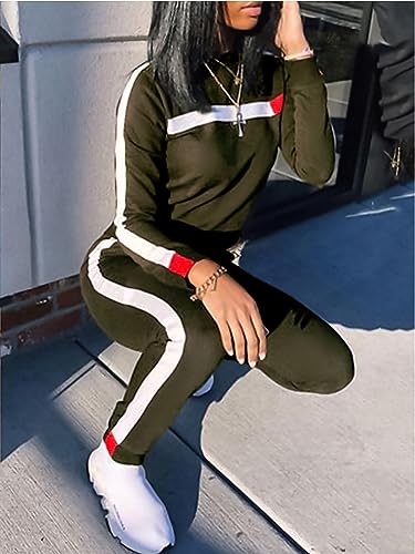 Kansoon Women Stripe Patchwork Two Piece Tracksuit Round Neck Pullover and Skinny Long Pants Green XXXL - Image 4