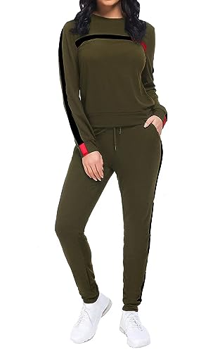Kansoon Women Stripe Patchwork Two Piece Tracksuit Round Neck Pullover and Skinny Long Pants Green XXXL - Image 5