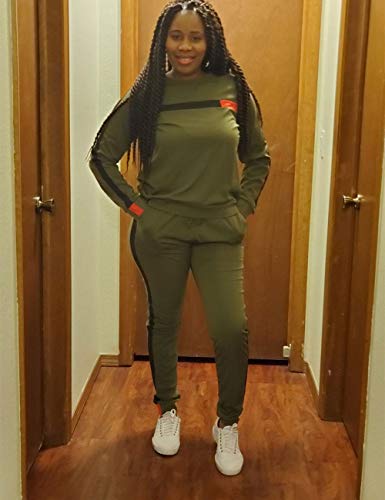 Kansoon Women Stripe Patchwork Two Piece Tracksuit Round Neck Pullover and Skinny Long Pants Green XXXL - Image 3