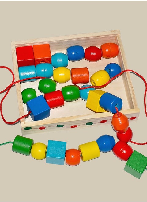 Primary Lacing Beads - Educational Toy With 30 Wooden Beads and 2 Laces - Beads For Toddlers, Fine Motor Skills Lacing Toys For Toddlers And Kids Ages 3+, 20.5*18*4.2cm, Multicolour
