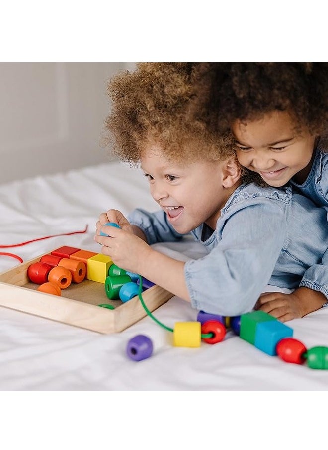 NIBEMINENT Primary Lacing Beads - Educational Toy With 30 Wooden Beads and 2 Laces - Beads For Toddlers, Fine Motor Skills Lacing Toys For Toddlers And Kids Ages 3+, 20.5*18*4.2cm, Multicolour  - Image 2