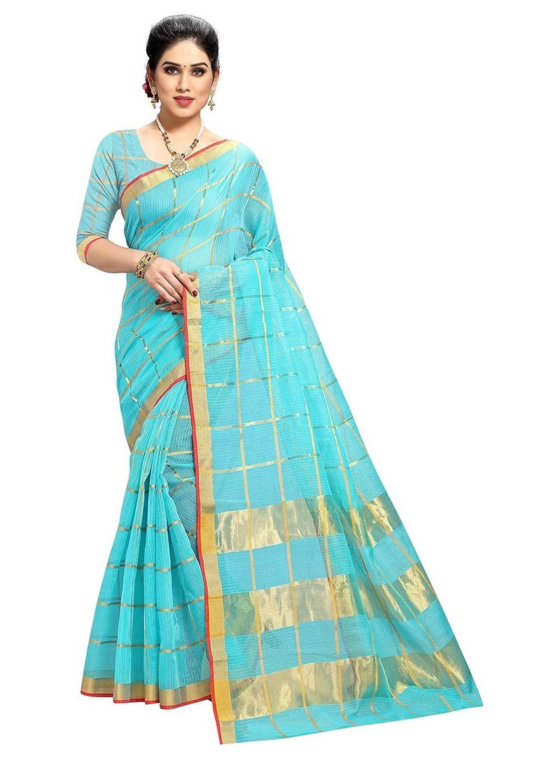 Sidhidata ساري سيدي داتا للنساء بلون أزرق سماوي من قطن كوتا دوريا مع قطعة بلوزة غير مخيطة - Image 1