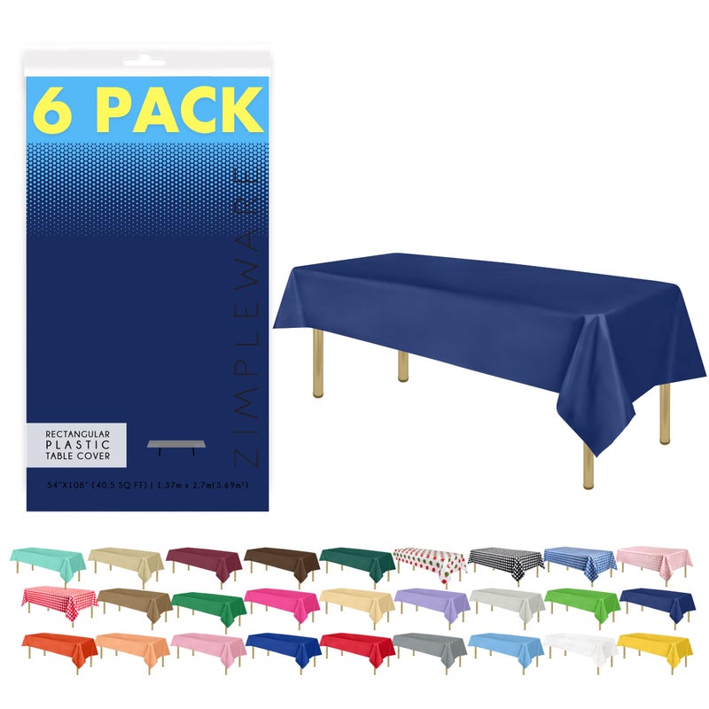 ZIMPLEWARE Premium Navy Blue Plastic Table Cloth Disposable 6 Pk Plastic Tablecloths for Rectangle Tables 54in x 108in Party Table Cloths Disposable for 6ft to 8ft Rectangle Tables