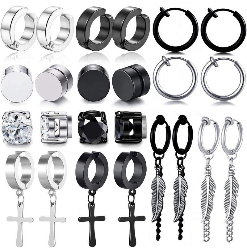 WAINIS 12 Pairs Stainless Steel Non Pierced Earrings for Men Women Magnet CZ Clip on Feather Dangle Earrings Set 8mm