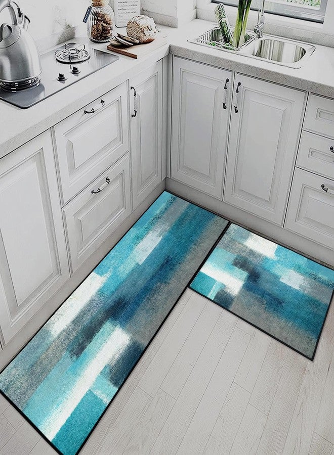 ArtSocket Kitchen Rugs and Mats Non Skid Washable Set of 2, Teal Grey Runner Rug, Turquoise Abstract Gray Vintage Kitchen Floor Mat Under Sink Mat Throw Rug - Image 2