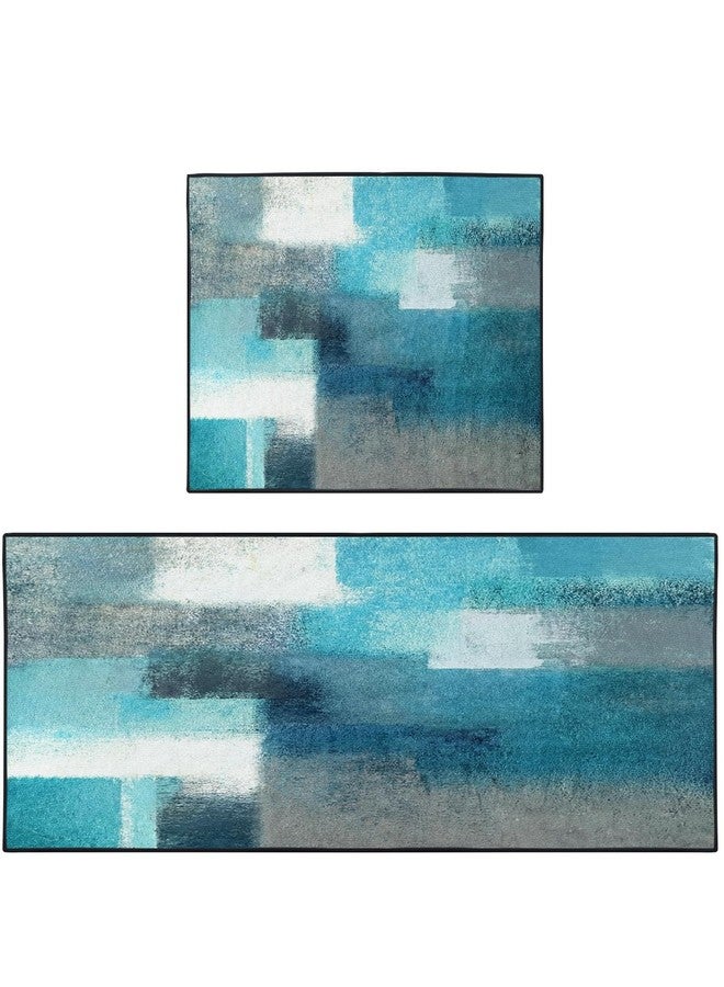 ArtSocket Kitchen Rugs and Mats Non Skid Washable Set of 2, Teal Grey Runner Rug, Turquoise Abstract Gray Vintage Kitchen Floor Mat Under Sink Mat Throw Rug - Image 1