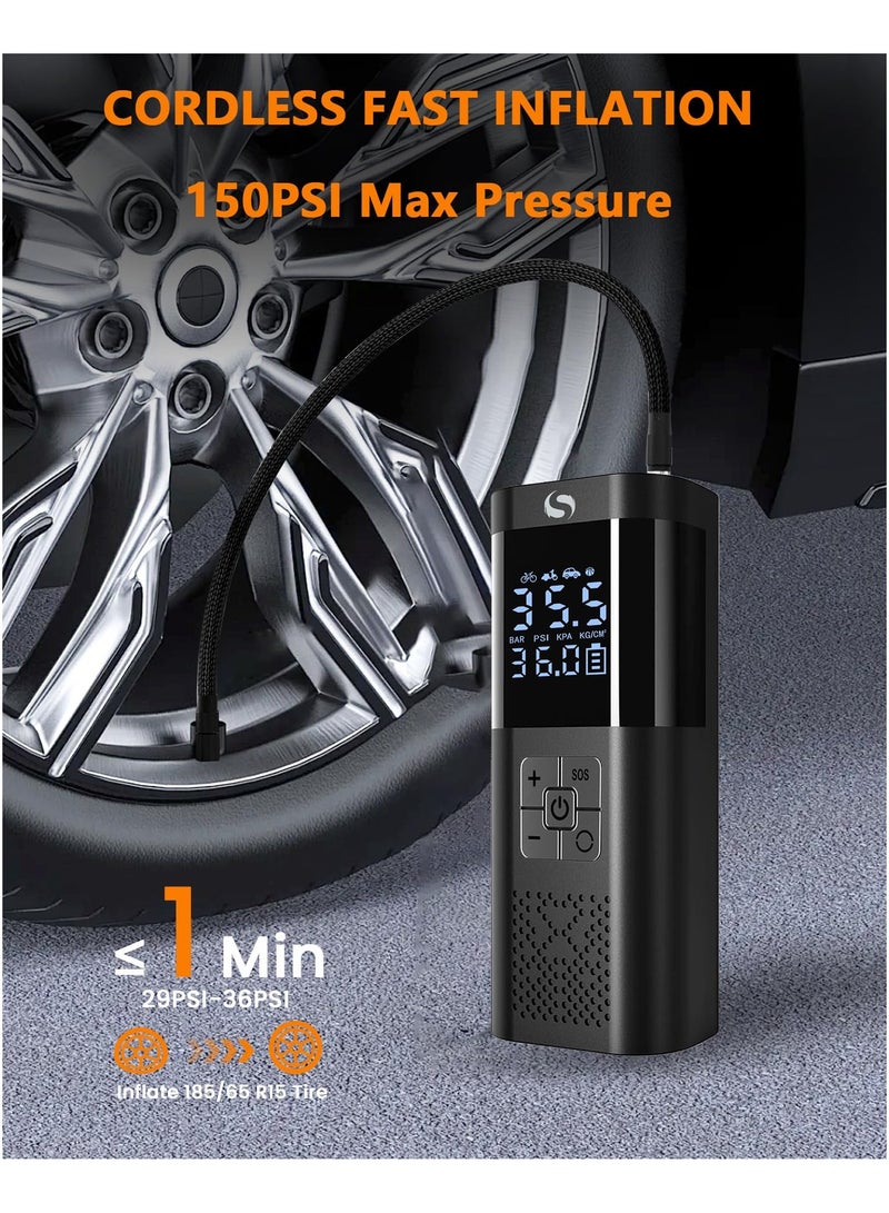 Tire Inflator Portable Air Compressor, Portable Air Pump with Pressure Gauge, Electric Tire Pump Battery 150PSI 12V DC, Cordless Tire Inflator with LED for Car Motorcycle Bicycle Ball - Image 2