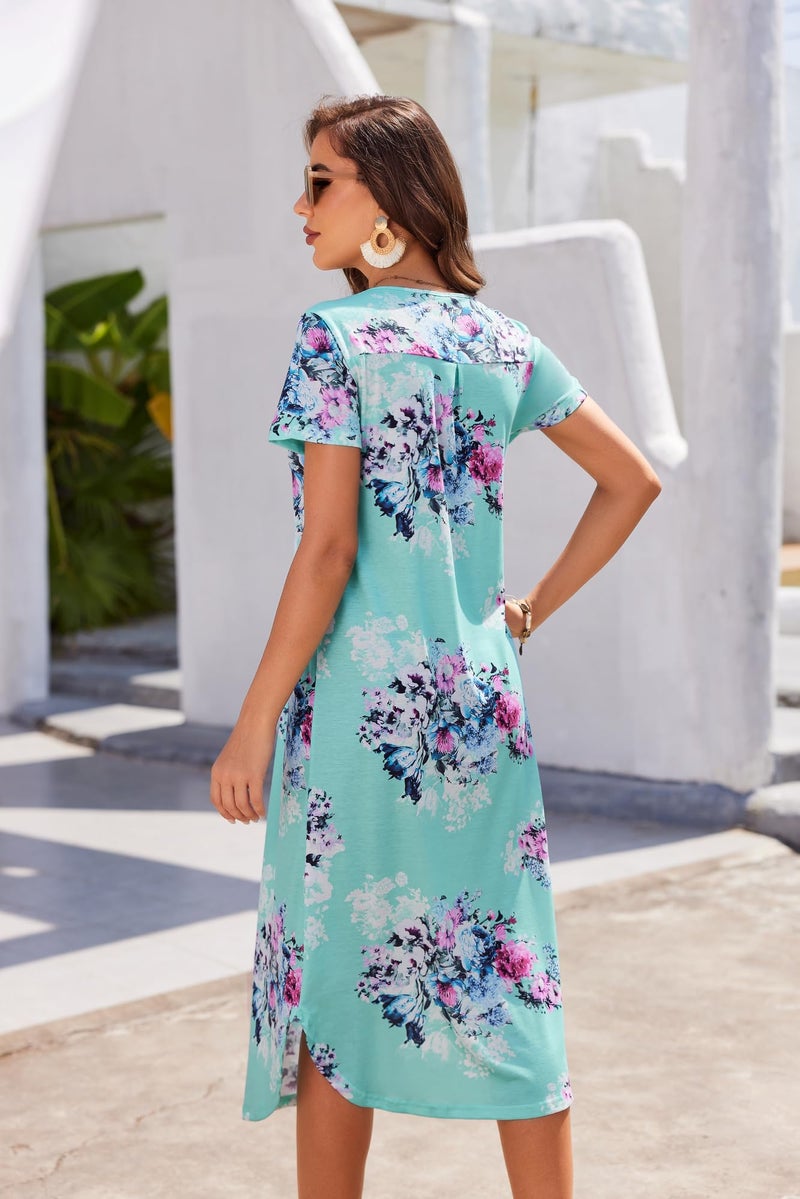 Ekouaer Long Nightgowns for Women Soft House Dress Pleated Front Nightshirt Full Length Loungwear Blue Flower XL - Image 3