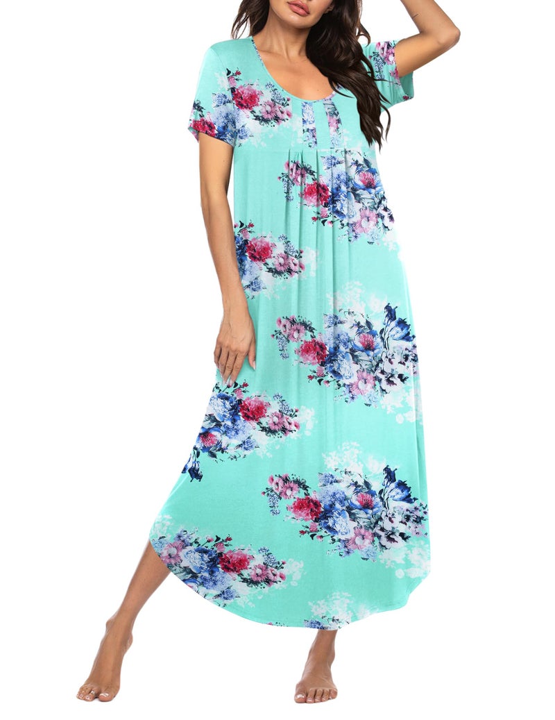 Ekouaer Long Nightgowns for Women Soft House Dress Pleated Front Nightshirt Full Length Loungwear Blue Flower XL - Image 1