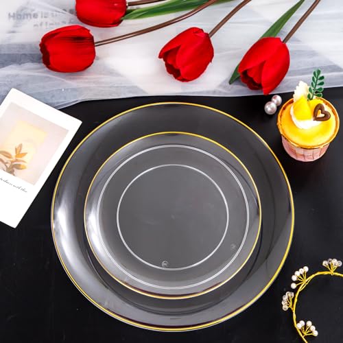 PULOTE 100PCS Clear and Gold Plastic Plates - Heavy Duty Clear Disposable Plastic Plates With Gold Trim for Wedding&Party Include 50 Dinner Plates, 50 Dessert Plates - Image 3