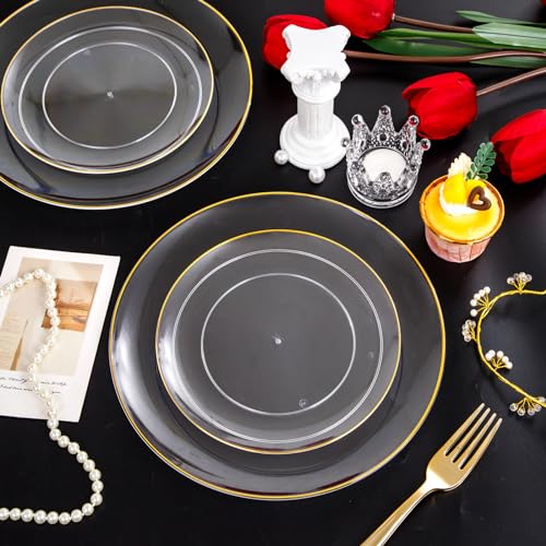 PULOTE 100PCS Clear and Gold Plastic Plates - Heavy Duty Clear Disposable Plastic Plates With Gold Trim for Wedding&Party Include 50 Dinner Plates, 50 Dessert Plates - Image 5
