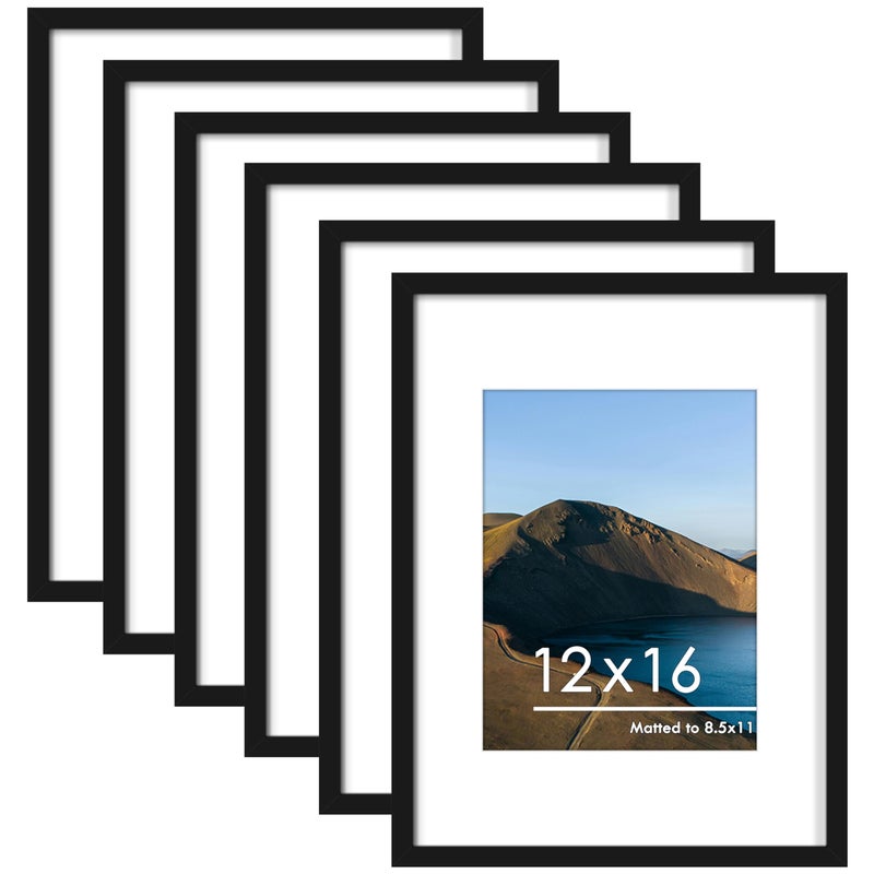 PEALSN 12x16 Picture Frame Set of 6 Display Pictures 85 x 11 with Mat or 12 x 16 without Mat for Wall Mounting Display Photo Frames Collage for Wall Decor Black - Image 2