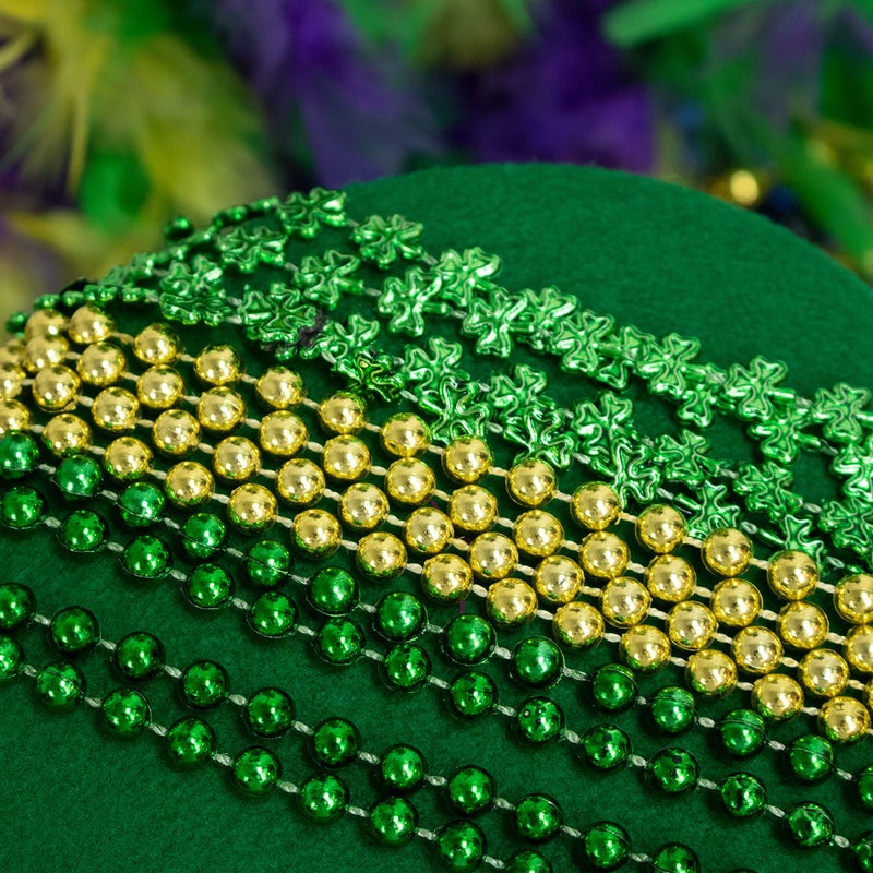 GiftExpress 12 pack Metallic Green Gold Shamrock Beaded Necklace, Mardi Gras Beads Necklace, Mardi Gras Throws, Party Events and Celebration Beads Costume Necklaces - Image 3