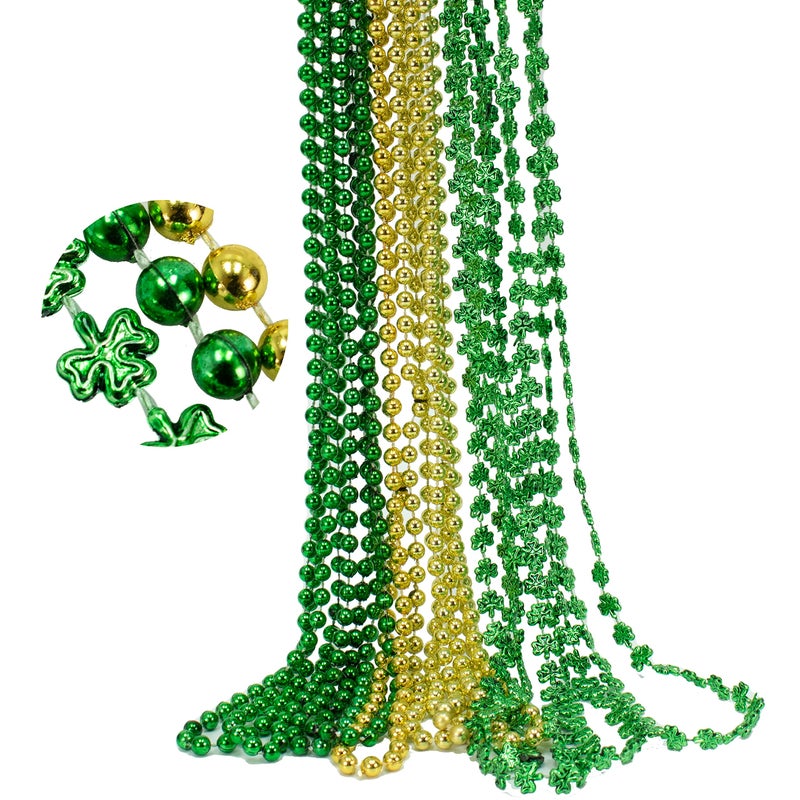 GiftExpress 12 pack Metallic Green Gold Shamrock Beaded Necklace, Mardi Gras Beads Necklace, Mardi Gras Throws, Party Events and Celebration Beads Costume Necklaces - Image 5