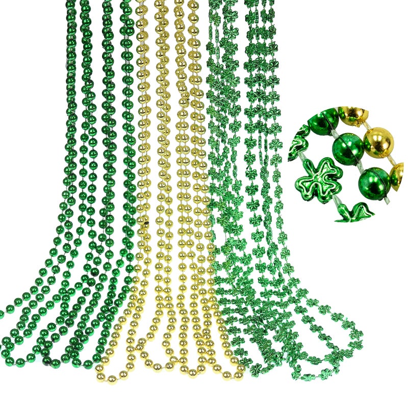 GiftExpress 12 pack Metallic Green Gold Shamrock Beaded Necklace, Mardi Gras Beads Necklace, Mardi Gras Throws, Party Events and Celebration Beads Costume Necklaces - Image 1