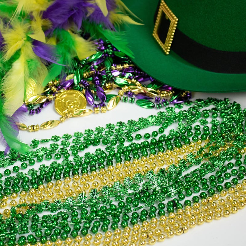 GiftExpress 12 pack Metallic Green Gold Shamrock Beaded Necklace, Mardi Gras Beads Necklace, Mardi Gras Throws, Party Events and Celebration Beads Costume Necklaces - Image 4