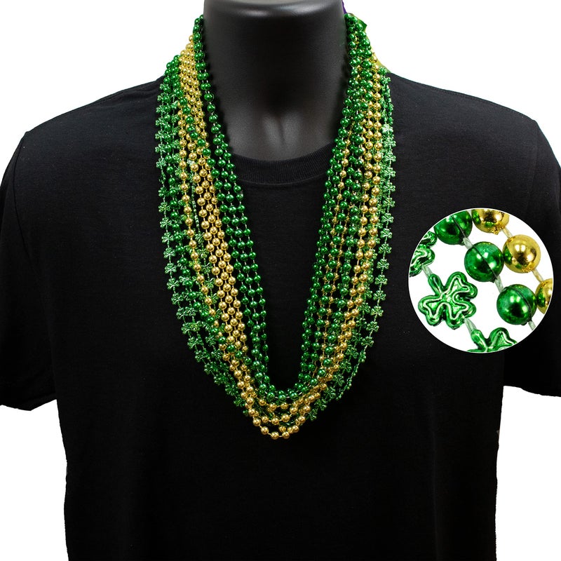 GiftExpress 12 pack Metallic Green Gold Shamrock Beaded Necklace, Mardi Gras Beads Necklace, Mardi Gras Throws, Party Events and Celebration Beads Costume Necklaces - Image 2
