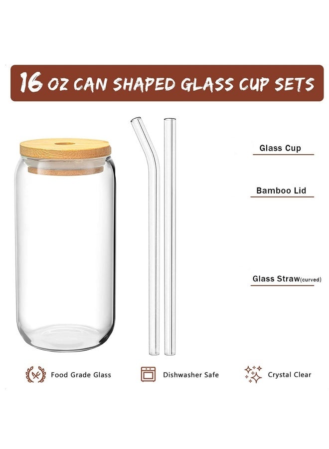 JOMILA 6 pcs Set  Glass Cups with Bamboo Lids and Glass Straw Can Shaped Drinking Glasses 16 oz Iced Coffee Glasses Tumbler Cup for Smoothie Boba Tea Water - Image 2