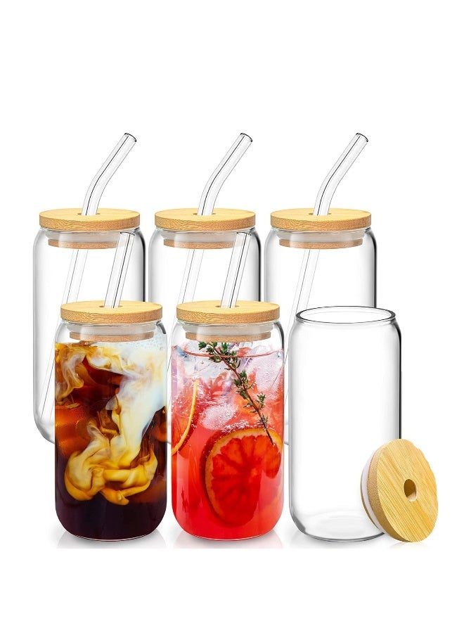 JOMILA 6 pcs Set  Glass Cups with Bamboo Lids and Glass Straw Can Shaped Drinking Glasses 16 oz Iced Coffee Glasses Tumbler Cup for Smoothie Boba Tea Water - Image 1
