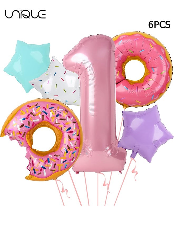 يونيك 6 قطع زينة حفلة عيد ميلاد - 1st عيد ميلاد مجموعة بالون - عيد ميلاد سعيد بالونات الديكور - دونات حفلة عيد ميلاد ديكورات للفتيات ، بالونات رقائق معدنية - ديكورات حفلات خماسية - زينة عيد ميلاد سعيد - الأولاد والبنات توريد الحفلات - Image 1