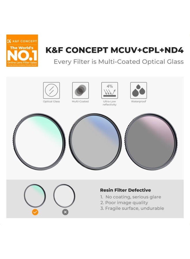 كيه آند إف كونسبت طقم فلاتر عدسات K&F Concept 82mm UV/CPL/ND (3 قطع) - 18 طبقة طلاء متعددة، فلتر للأشعة فوق البنفسجية + فلتر استقطاب + فلتر كثافة محايدة (ND4) + قطعة قماش للتنظيف + جراب فلتر لعدسة الكاميرا (سلسلة K) - Image 2