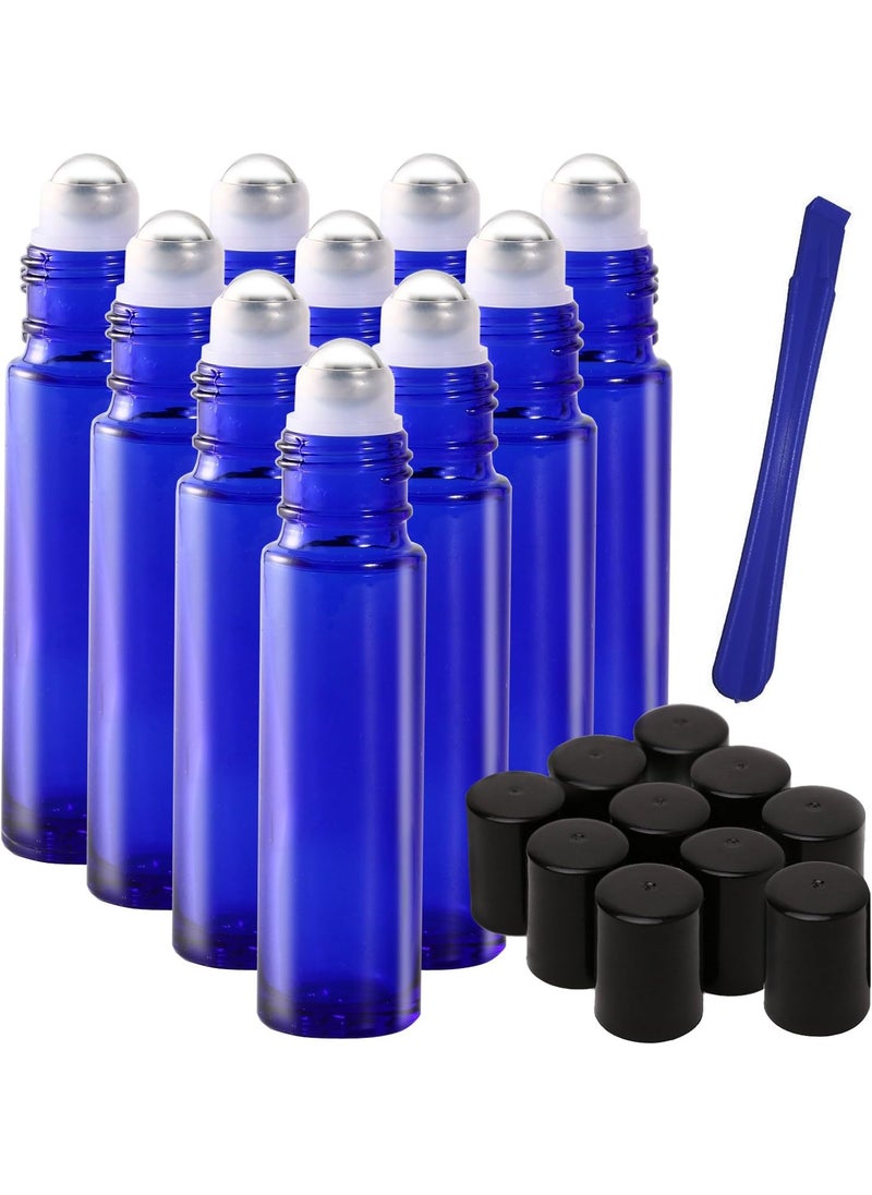 JamHoo 10Pcs, 10ml Blue Glass Roller Bottles with Stainless Steel Roller Ball - Refillable Essential Oil Roll on Bottles with Lid Opener Pry Tool, Great for Aromatherapy, Perfumes and Lip Balms 