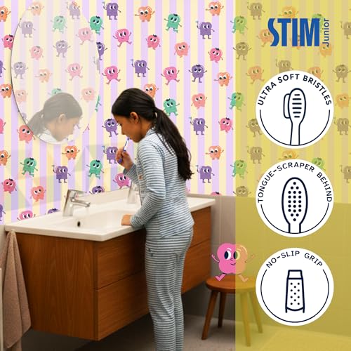 STIM Junior Kids Toothbrush | 3–10 Years | Ultra-Soft Bristles for Gentle Cleaning | Thumb Grip Handle & Tongue Scraper | Perfectly Sized for Independent Brushing | Dentist Recommended | (2 Brushes) - Image 3