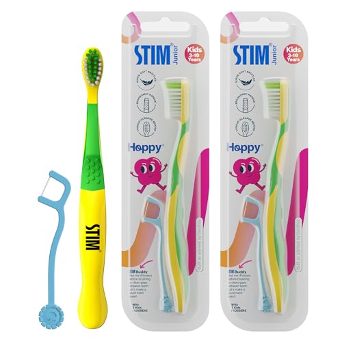 STIM Junior Kids Toothbrush | 3–10 Years | Ultra-Soft Bristles for Gentle Cleaning | Thumb Grip Handle & Tongue Scraper | Perfectly Sized for Independent Brushing | Dentist Recommended | (2 Brushes) - Image 1