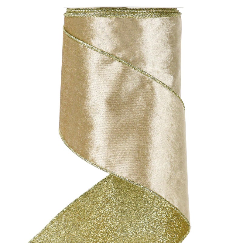 HUIHUANG Champagne Velvet Wired Ribbon 4 inch Christmas Tree Ribbon DoubleSided Glitter Gold and Champagne Ribbon for Trees Wreaths Tree Top Bows Garland Staircases Crafts10 Yards