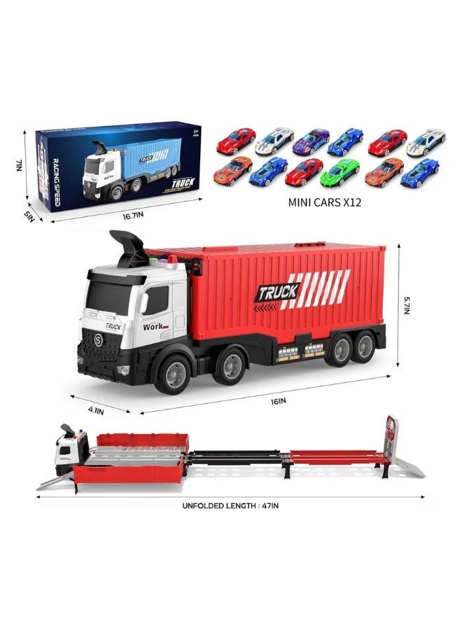 Transport Car Race Car Track Truck  Toys with Slots & Foldable Dual-track Approach Container Truck Toy with 12 Alloy Cars Vehicles Toy Set for 3+ Kids Boys Girls Red - Image 1