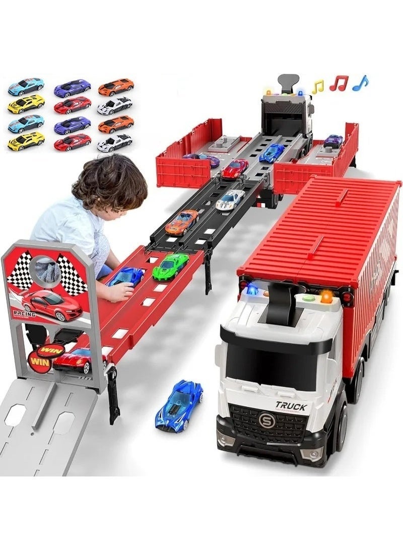 Transport Car Race Car Track Truck  Toys with Slots & Foldable Dual-track Approach Container Truck Toy with 12 Alloy Cars Vehicles Toy Set for 3+ Kids Boys Girls Red - Image 2