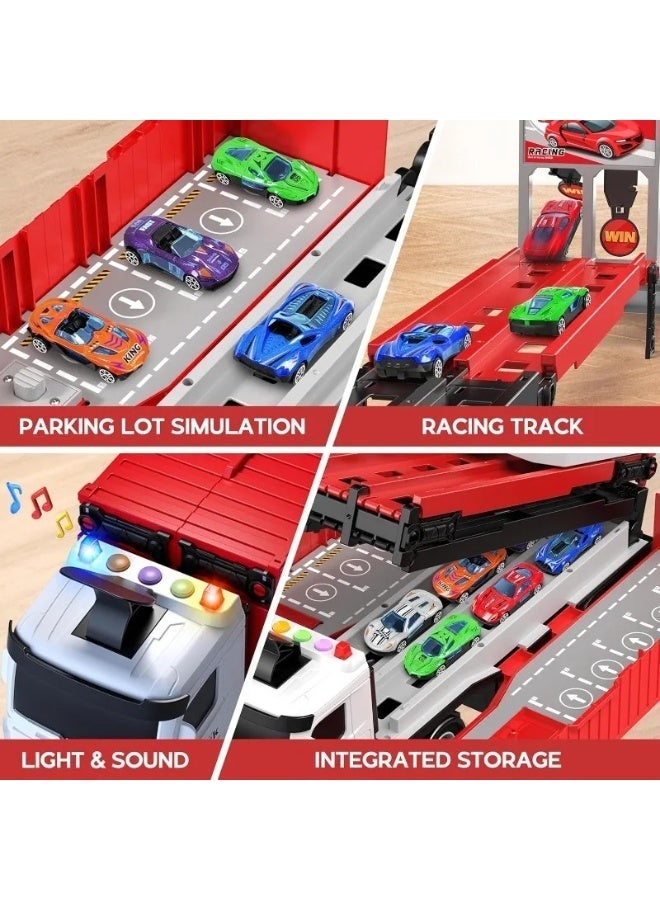 Transport Car Race Car Track Truck  Toys with Slots & Foldable Dual-track Approach Container Truck Toy with 12 Alloy Cars Vehicles Toy Set for 3+ Kids Boys Girls Red - Image 5