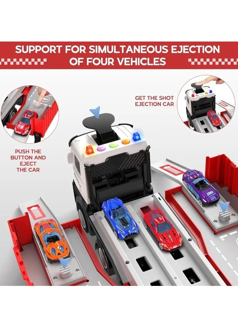 Transport Car Race Car Track Truck  Toys with Slots & Foldable Dual-track Approach Container Truck Toy with 12 Alloy Cars Vehicles Toy Set for 3+ Kids Boys Girls Red - Image 4