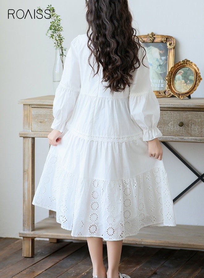 roaiss Girls A Line Dress with Hollow-carved Design, Elegant Stylish Princess Dress for Girls, Long Sleeve Dress with Puff Sleeves, Suitable for Daily Wear or Any Occasion - Image 4