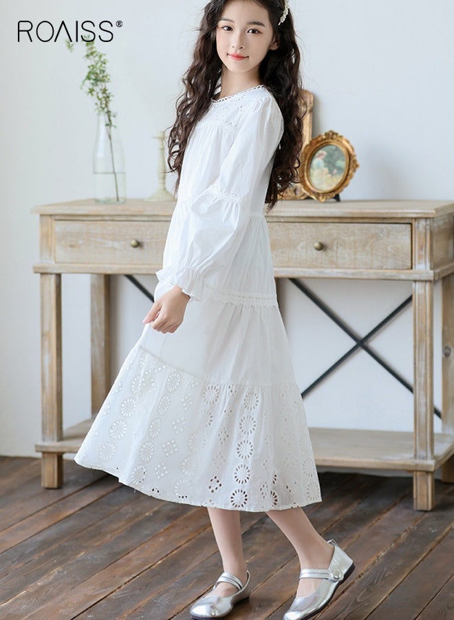roaiss Girls A Line Dress with Hollow-carved Design, Elegant Stylish Princess Dress for Girls, Long Sleeve Dress with Puff Sleeves, Suitable for Daily Wear or Any Occasion - Image 3