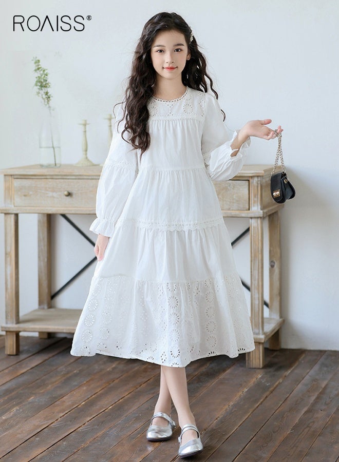 roaiss Girls A Line Dress with Hollow-carved Design, Elegant Stylish Princess Dress for Girls, Long Sleeve Dress with Puff Sleeves, Suitable for Daily Wear or Any Occasion - Image 2
