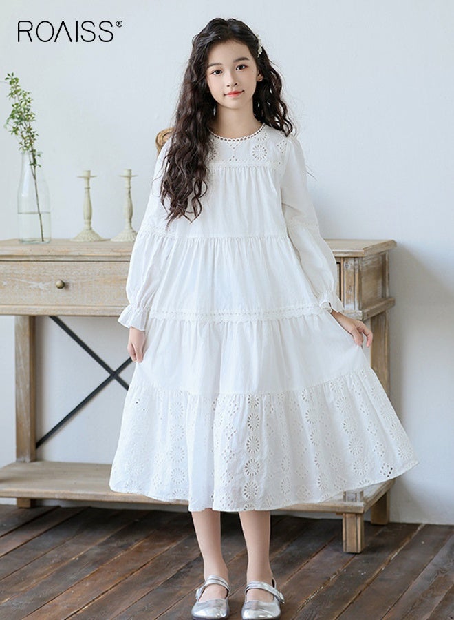 roaiss Girls A Line Dress with Hollow-carved Design, Elegant Stylish Princess Dress for Girls, Long Sleeve Dress with Puff Sleeves, Suitable for Daily Wear or Any Occasion - Image 1