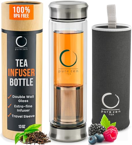 Pure Zen Tea Tumbler with Infuser Double Wall Glass Travel Mug with Stainless Steel Filter Leakproof Tea Infuser Bottle for Loose Leaf Infusions and Fruit Infused Water Unique Gift Set 13 oz