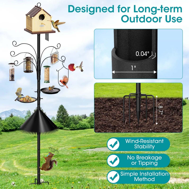 MQHUAYU 108 Inch Bird Feeder Pole Squirrel Proof, Heavy Duty Bird House Pole, Adjustable Bird Feeder Stand with 5 Shepherds Hooks, 2 Mental Trays, Hummingbird Swing - Image 2