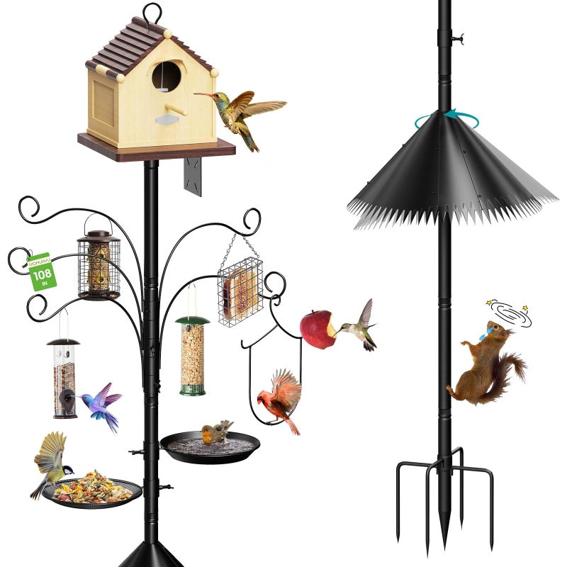 MQHUAYU 108 Inch Bird Feeder Pole Squirrel Proof, Heavy Duty Bird House Pole, Adjustable Bird Feeder Stand with 5 Shepherds Hooks, 2 Mental Trays, Hummingbird Swing - Image 1