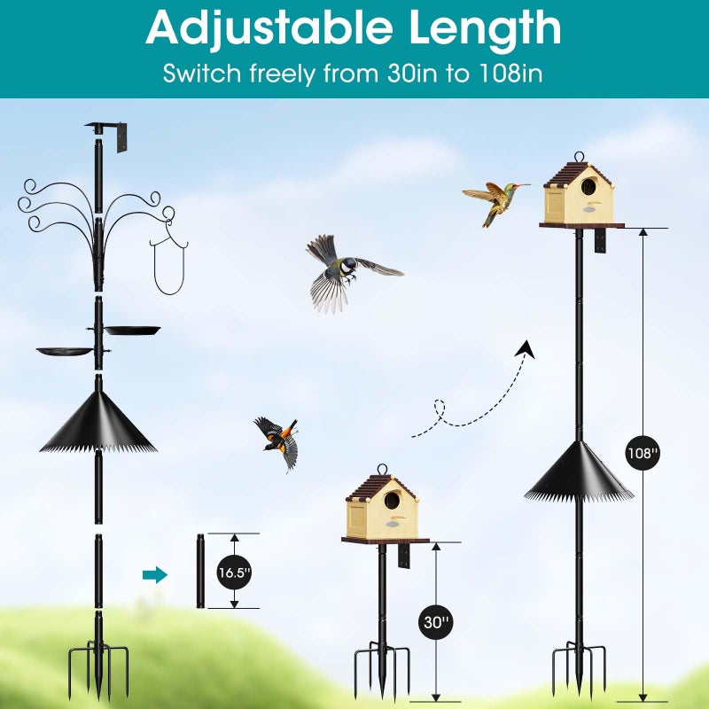 MQHUAYU 108 Inch Bird Feeder Pole Squirrel Proof, Heavy Duty Bird House Pole, Adjustable Bird Feeder Stand with 5 Shepherds Hooks, 2 Mental Trays, Hummingbird Swing - Image 5