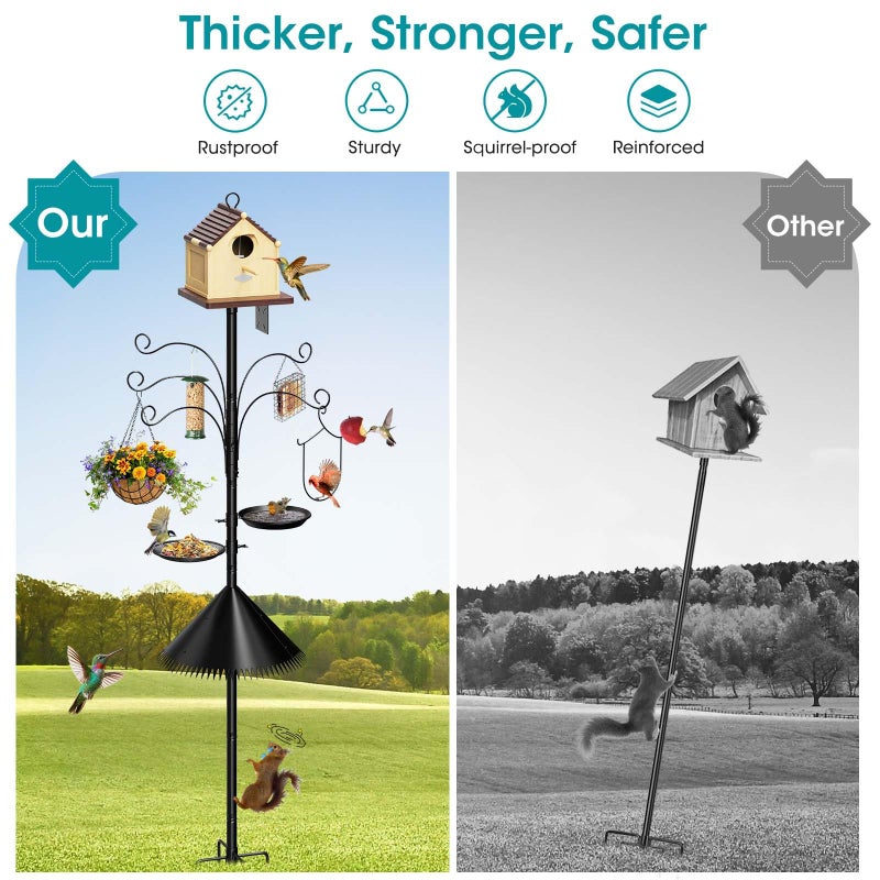 MQHUAYU 108 Inch Bird Feeder Pole Squirrel Proof, Heavy Duty Bird House Pole, Adjustable Bird Feeder Stand with 5 Shepherds Hooks, 2 Mental Trays, Hummingbird Swing - Image 4