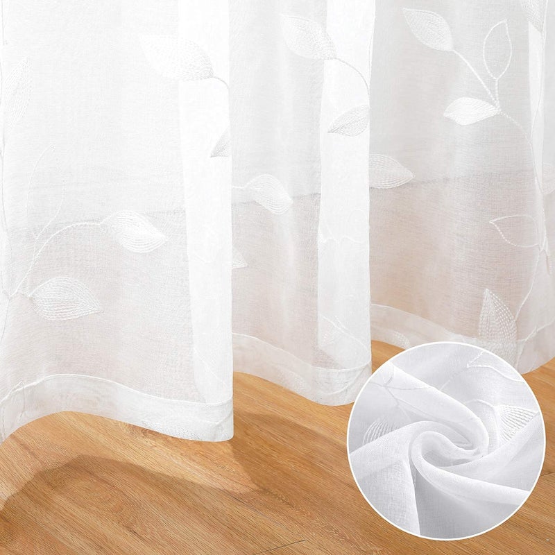 HOMEIDEAS White Sheer Curtains 52 X 63 Inches Length 2 Panels Embroidered Leaf Pattern Pocket Faux Linen Floral Semi Sheer Voile Window Curtains/Drapes for Bedroom Living Room - Image 5
